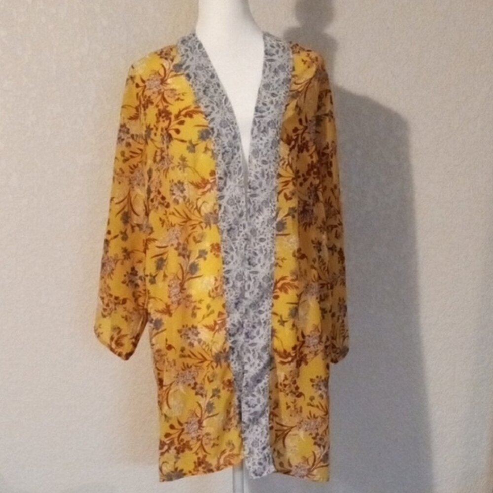 Japna Mustard Yellow Floral Kimono Duster Cardigan S - Picture 4 of 6